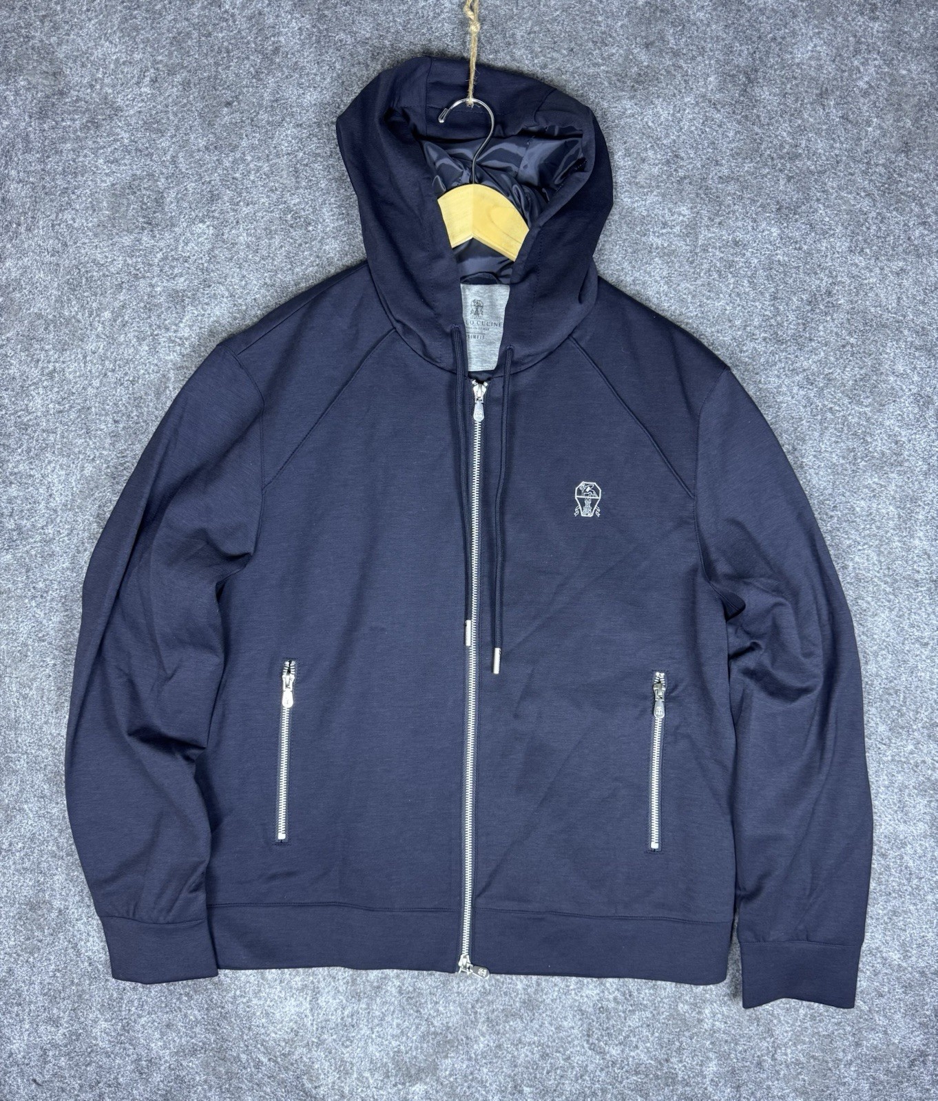Brunello Cucinelli Mens Embroidered Logo Hoodie Full Zip Size 50 Slim Fit Blue