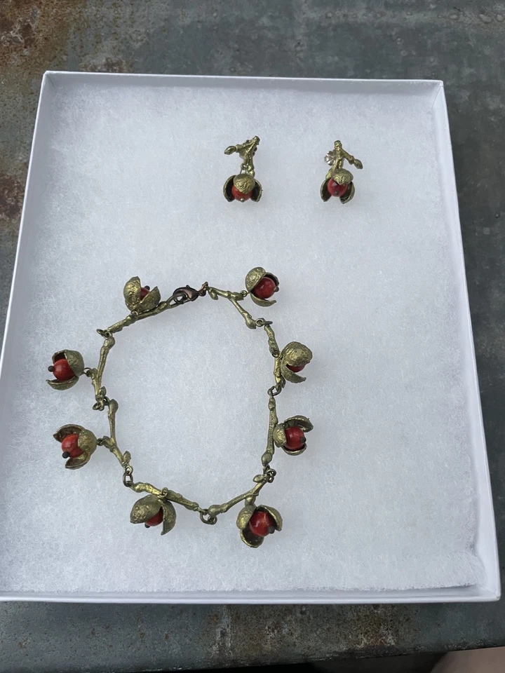 Juego de pulsera y pendientes colgantes Michael Michaud rojo coral gema bayas Foto 2 de 4