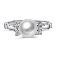 Women Cubic Zirconia Sterling Silver Gold Band Adjustable Pearl Finger Ring Gift