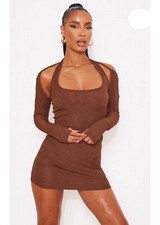 Pretty Little Thing Chocolate Textured Rib Halterneck Bodycon Dress Size 10 Uk