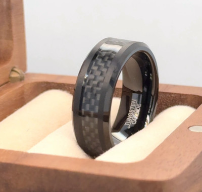 Black Tungsten Anniversary Ring Black Carbon Fiber Inlay Band Couple Ring Gifts
