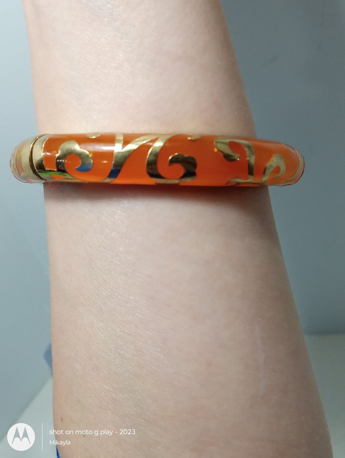 Orange Enamel Scroll Hinged Bangle Bracelet Gold … - image 1