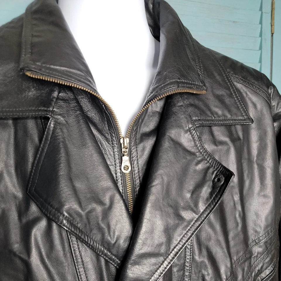 Phase 2 Bomber Leather Zip Up Jacket ~ Sz 3X ~ Black ~ Long Sleeve - Image 2 of 4