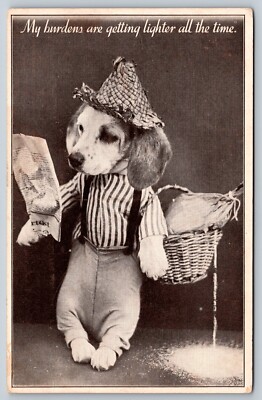 Dressed Beagle Dog Straw Hat Burdens Getting Lighter Anthropomorphic Postcard