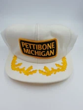 Vintage PETTIBONE MICHIGAN White Canvas Trucker SnapBack Hat Patch Gold leaf H2