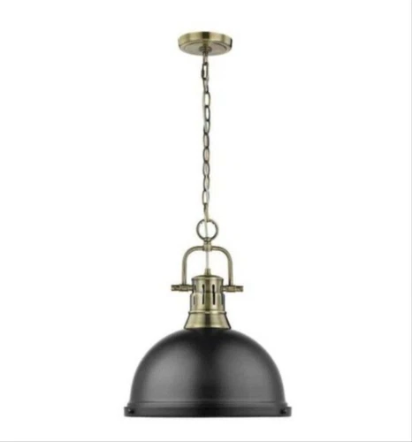 Duncan 1-Light Aged Brass Pendant and Chain with Matte Black Shade by Golden L. - Picture 1 of 5