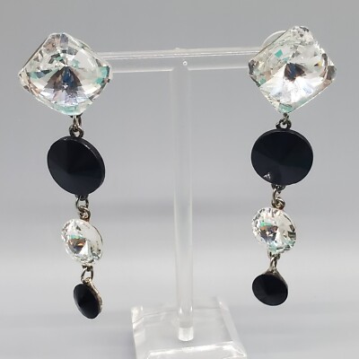 Rivoli Rhinestone Earrings Clear Black Dangle Pierced Ears Post Back