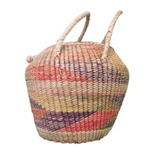 VTG Storage Basket Gathering Woven Seagrass w/Lid Handles Multicolor Large 18x15