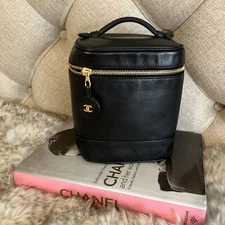 Authentic CHANEL Black Lambskin Timeless Classic Tall Vanity Case Cosmetic Bag
