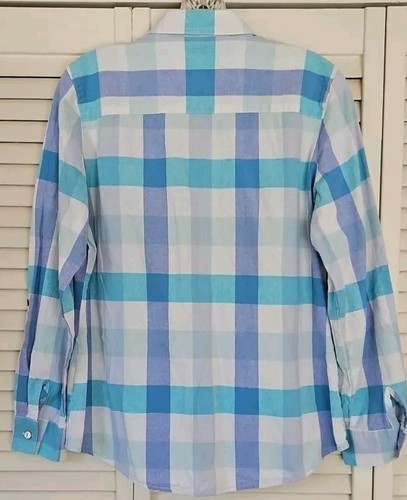 Foxcroft Blouse Shaped Fit Blue Plaid Linen Blend Shirt Roll Tab Sleeves 10P - Picture 12 of 18