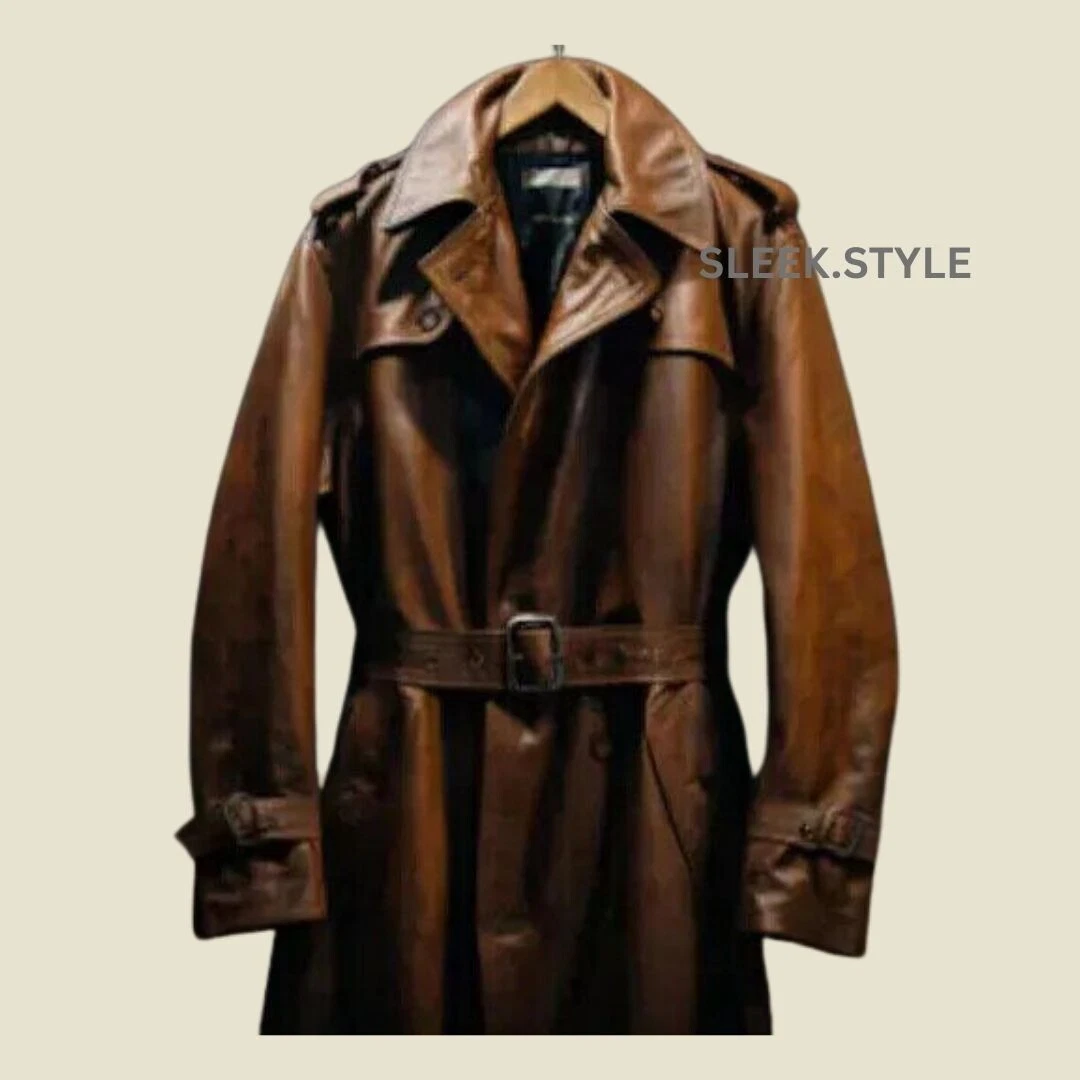 Mens Leather Trench Coat Festive Wear Slim Fit Coat Brown Lambskin Soft Stylish