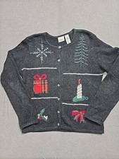 Villager Sport Cardigan Womens Medium Gray Christmas Beaded Embroidered