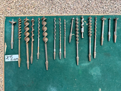 Vintage 17 Erdbohrer Holzbearbeitung Bohrer Werkzeuge Hand Klammer verschiedene Fabrikate & Größen