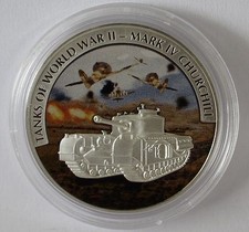 Liberia 2008 Large Silver Proof Color$5 WWII-British Churchill M4 Tank/Airplanes