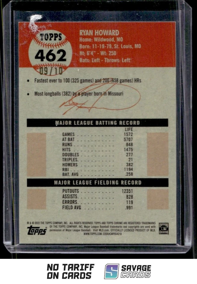 2022 Topps Chrome Platinum Anniversary Toil Refractor Ryan Howard /10 #462 - Image 2 of 3