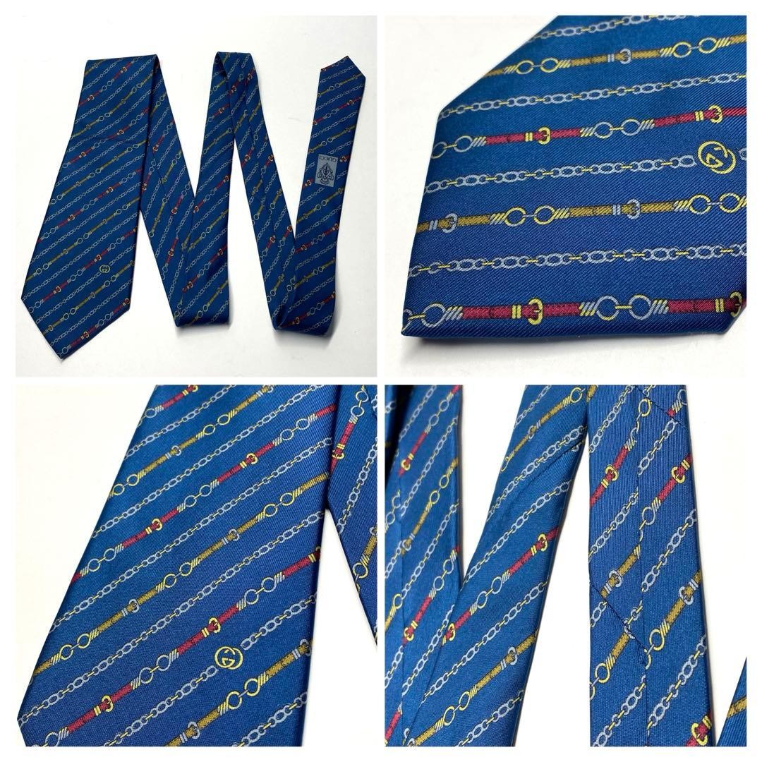 Gucci Necktie Tie 100% Silk Blue Chain Striped Pattern 3.5 inches From Japan thumbnail 3