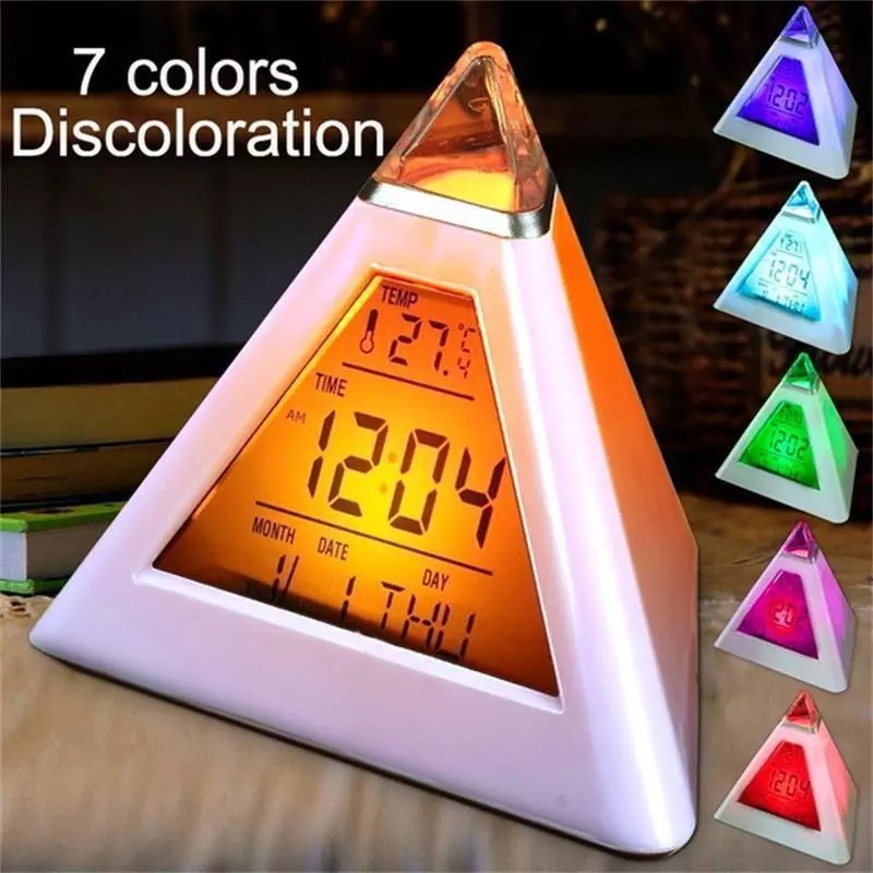 Alarm Clock Pyramid 7 Color Changing Timer Night Light Temperature Date