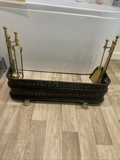 Vintage Metal Fireplace Fender With Brass Tool Sets And Lions Feet 