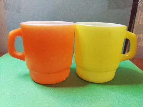 Lot of 2 Anchor Hocking Fire King Yellow & Orange Stackable Mugs