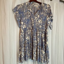 Millibon Floral V Neckline Tiered Ruffle Blue White Grey Boho Mini Dress Large