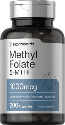 Horbäach Methyl Folate Supplement | 1000 mcg | 200 Capsules | 5-MTHF | Folic |