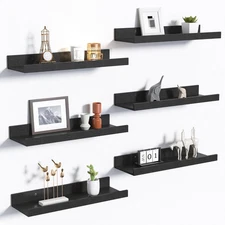 Set of 6 Floating Shelves for Wall Decor Storage, Wall Mounted Wood Shelf, Black