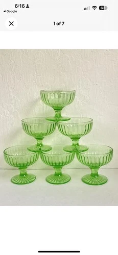 Green Depression Glass Sherbets c.1930 Set Of 7 Uranium Lumes Beautifully!