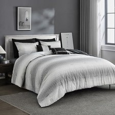 Waffle Weave Comforter Set Striped Yarn-Dyed Textured Soft King C -White grey