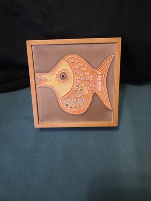 Vintage Handcrafted Ceramic Tile Fish Framed Wall Art Coastal Brutalist