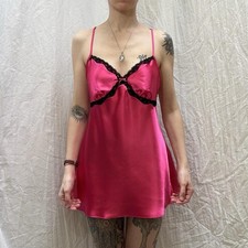 Bright Pink Satin Chemise Slip Dress With Black Lace Detailing Size Medium