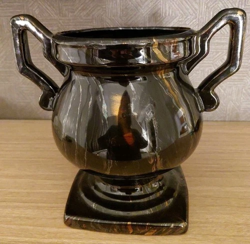 Vtg Haeger Urn Double Handled Trophy Pedestal Vase Planter Metallic Bronzed 8"