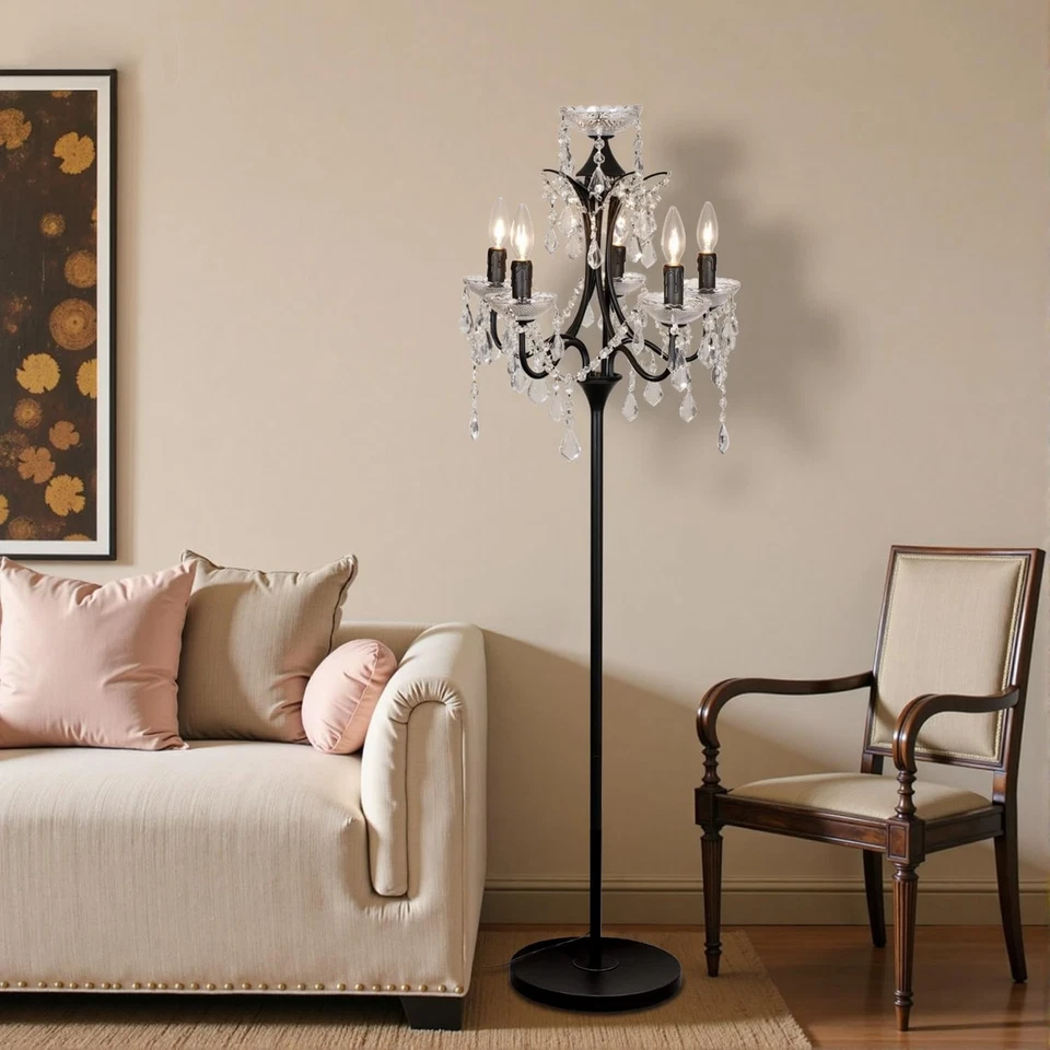 Lámpara de pie moderna de cristal de 5 luces con acabado negro, regulable, emparejada con foo... Foto 2 de 4