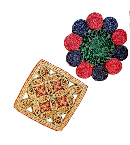 2 Vintage Woven Wicker Straw Rafia Trivets Or Basket Wall Art Boho Colorful