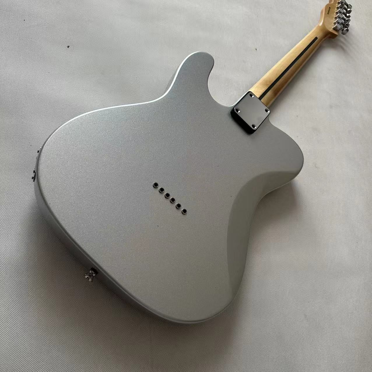 Silver powder white TL electric guitar, fixed bridge black protective plate, alternate view 5