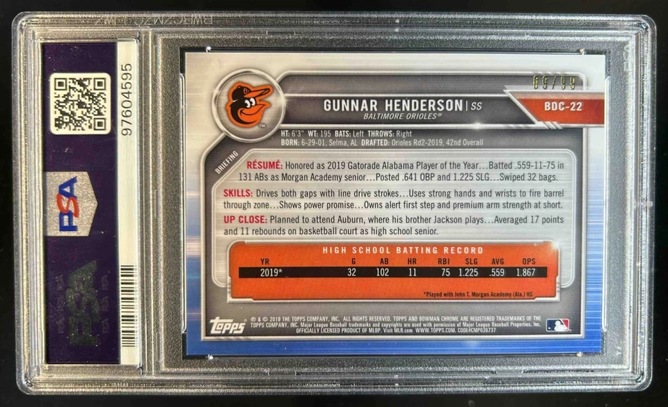 2019 Bowman Draft Sapphire Gunnar Henderson Refractor Blue #/99 Orioles PSA 10 - Image 2 of 2