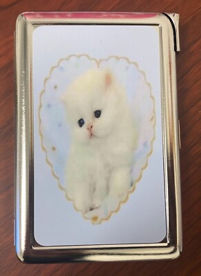 Vintage IMAGE Heart Kitten Image Cigarette Case w/Built in Lighter Metal  Wallet