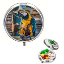Blue and Golden Macaw in Cowboy Hat Pill Organizer Portable 3-Compartment