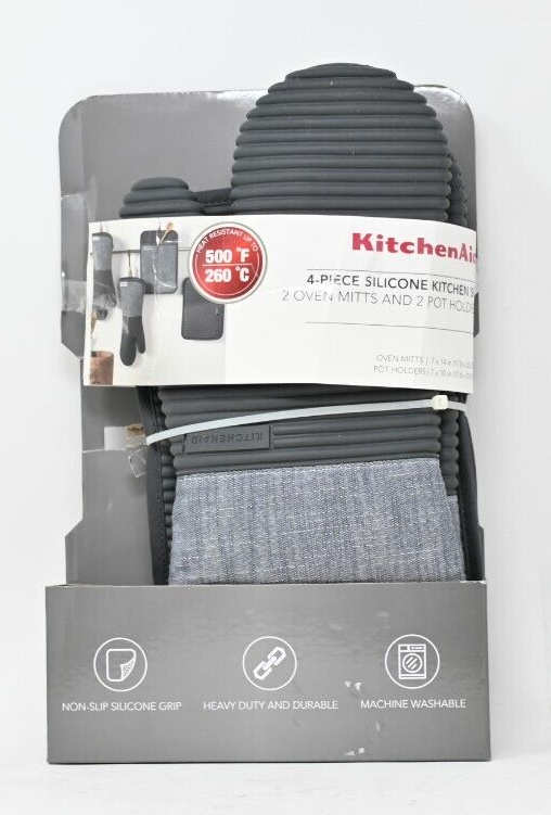 KitchenAid 4piece Silicone Oven Mitt Set Gray eBay