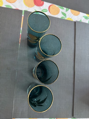 4 RARE vintage turquoise blue mid century w/gold leaf Tom Collins cocktail glass - Picture 6 of 18