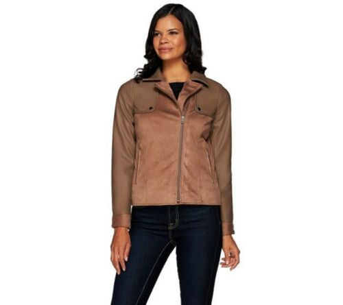 Lisa Rinna Black Faux Suede & Leather Moto Jacket, Charcoal, Size 6 - Picture 3 of 5