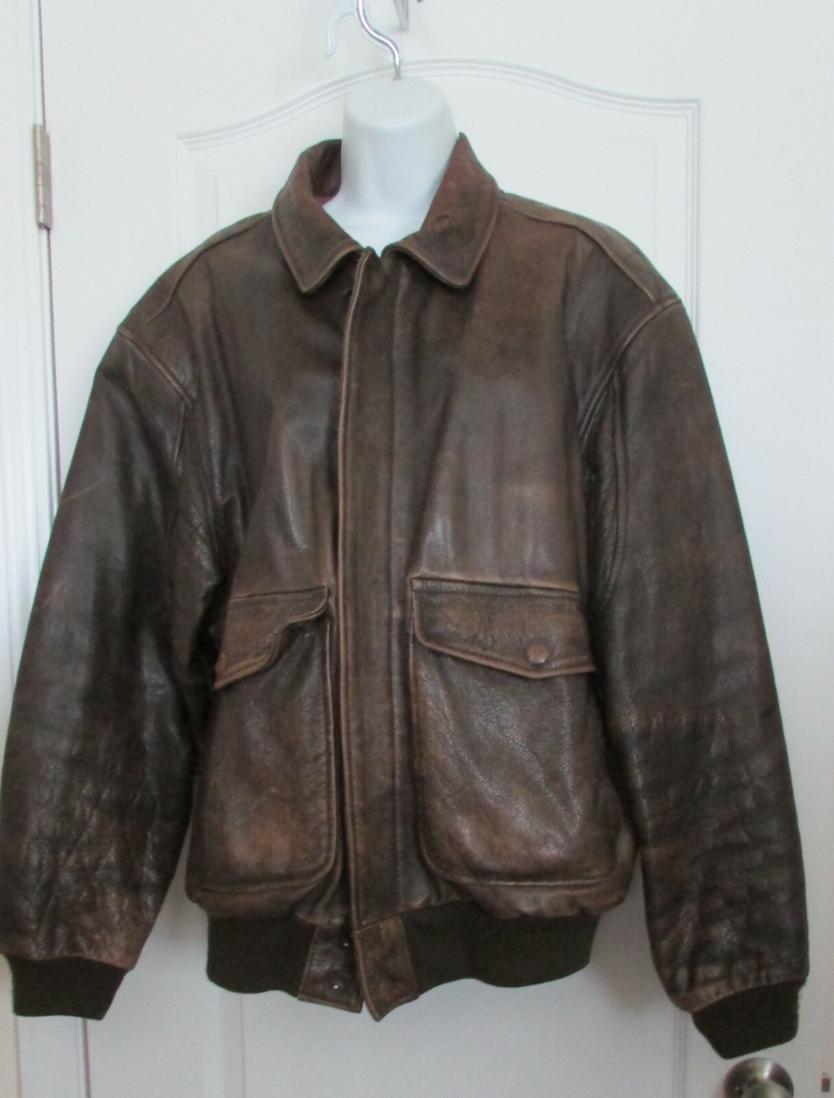 Brown Leather Bomber Jacket-40L 
