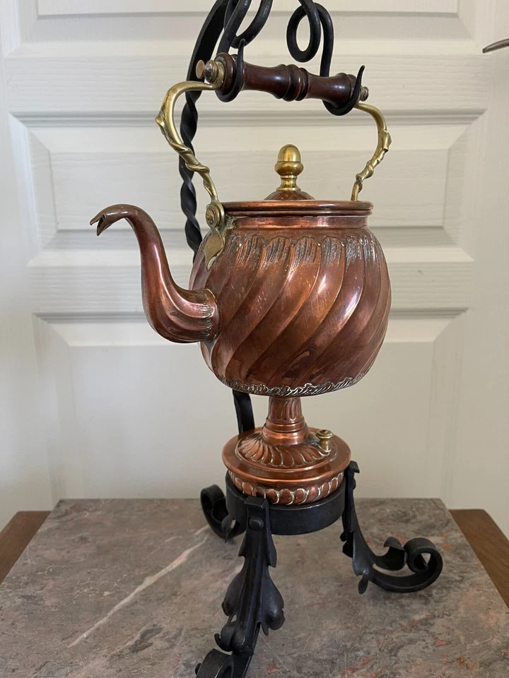 Ancien Samovar Théière Cafetière Cuivre Verseuse Eau Chaude Bouilloire Fer Forgé - Photo 4/4