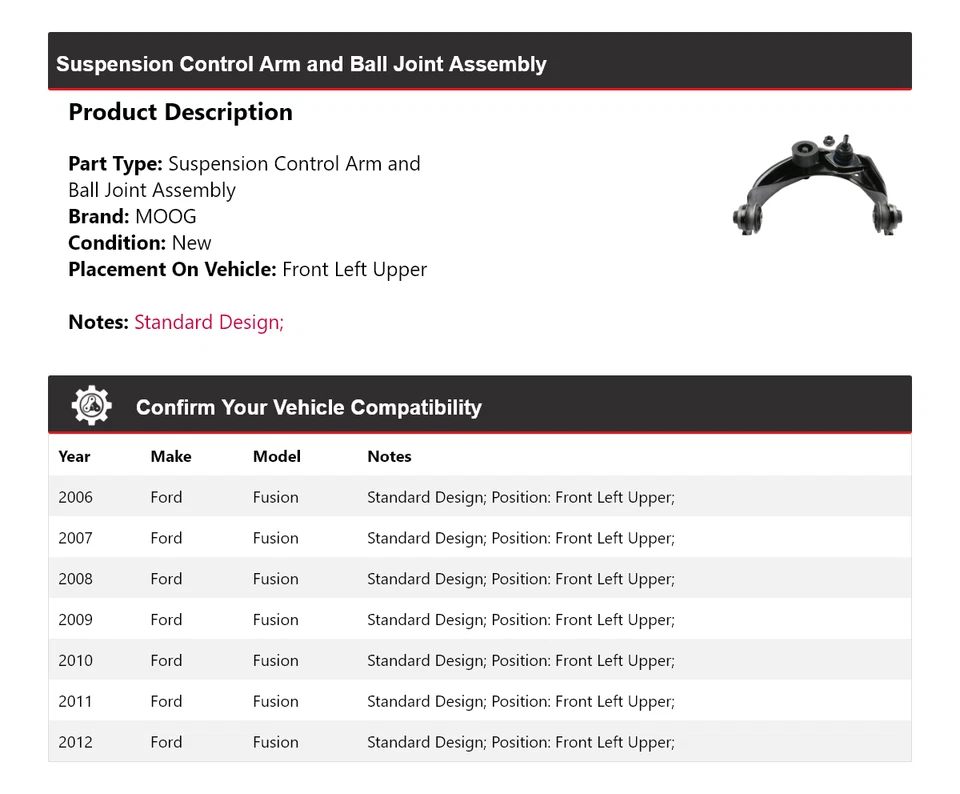 Conjunto de rótula de brazo de control delantero izquierdo superior MOO para Ford Fusion 2006-2012 Foto 2 de 4