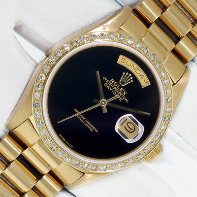 ROLEX MENS DAY-DATE PRESIDENT ONYX DIAMOND DIAL, DIAMOND BEZEL