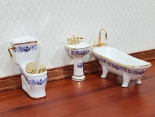 Dollhouse HALF SCALE Bathroom Set Reutter Porcelain Tub Toilet Sink 1:24 Blue