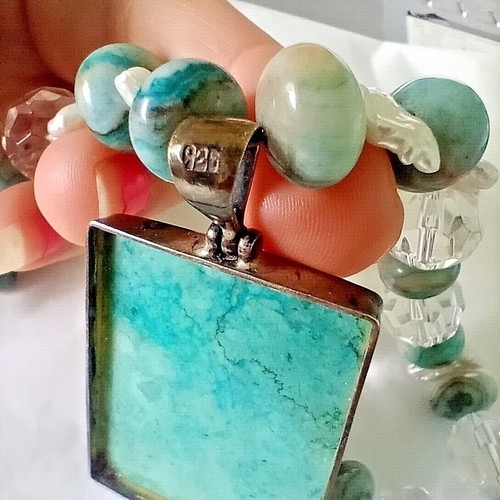 Turquoise & Shell Silver Necklace 925 Beaded Natural Stone Women's Jewelry - Picture 5 of 5