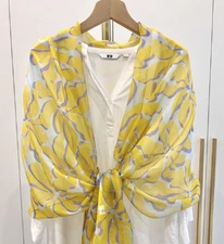 100% Silk Scarf Women neckerchief Shawl Wrap thin Floral yellow gray JH42-15