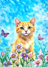 ACEO miniature art print-  2.5x3.5 artist trading card, pastel Cat Flowers Field