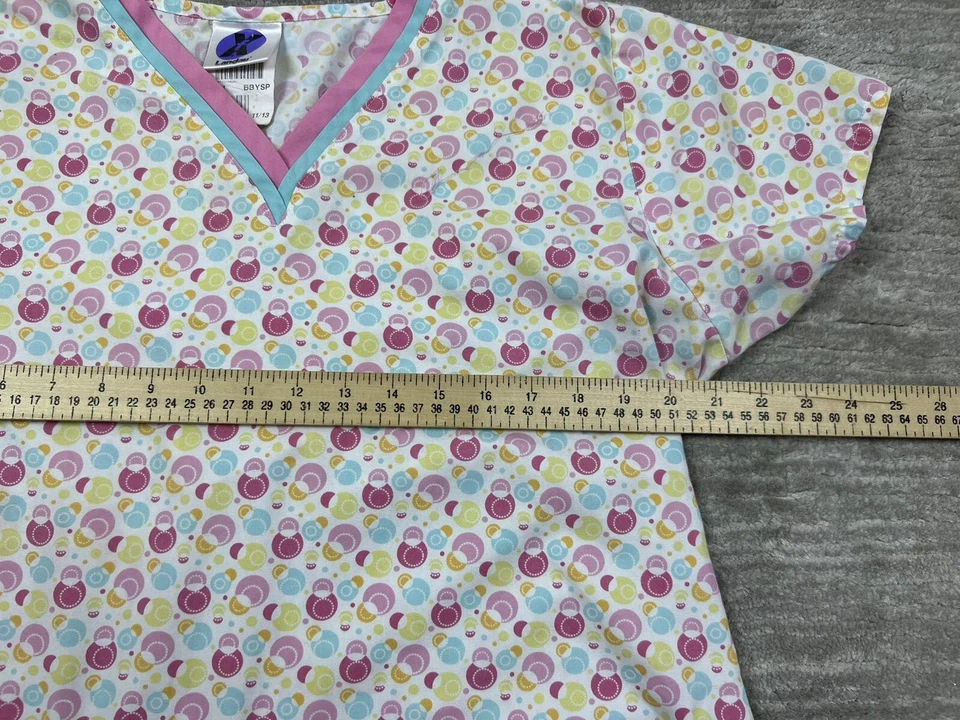 Landau Scrub Top Womens 11/13 White Pink Yellow Shortsleeve Circles - Image 4 of 4