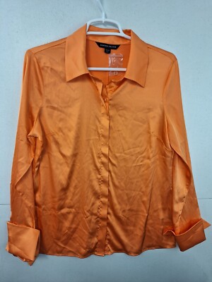 Boston Proper Orange Stain Fench Cuff Hidden Button Front Blouse sz 10 NEW